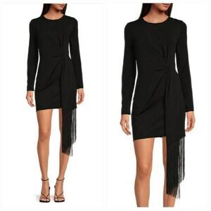 Badgley Mischka Belle Harley Crepe Fringe Crew Neck Long Sleeve Sheath Dress 4